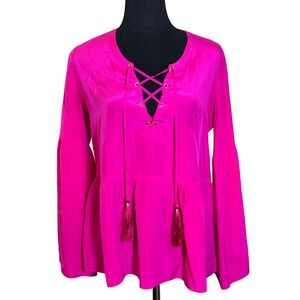 Lilly Pulitzer Silk‎ Peasant Top Bell Sleeve Lace Up Hot Pink Size S